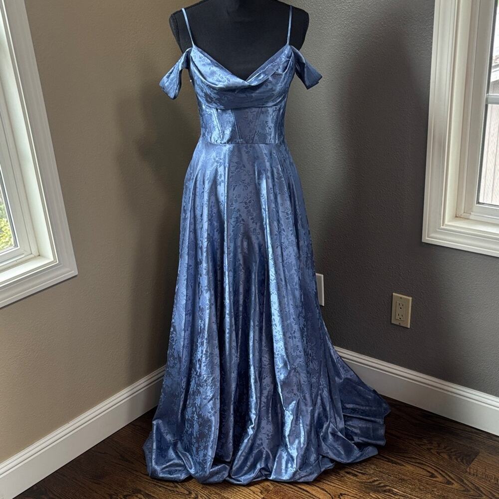 B Darlin Blue Satin Off-Shoulder Gown